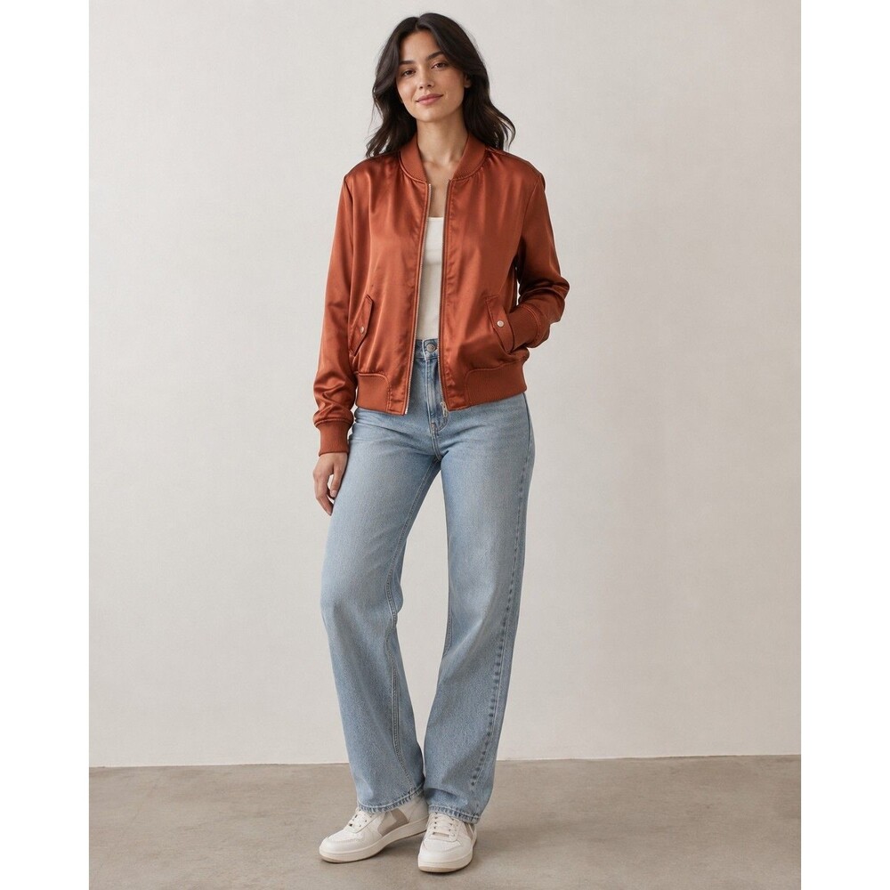 Satin Bomber Jacket Copper Rust Ribbed Trim Zip Front Cato Size M